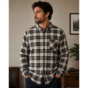 Stanley Mens XL Flannel Shirt Brown Blue Cream Plaid Long Sleeve Button Down